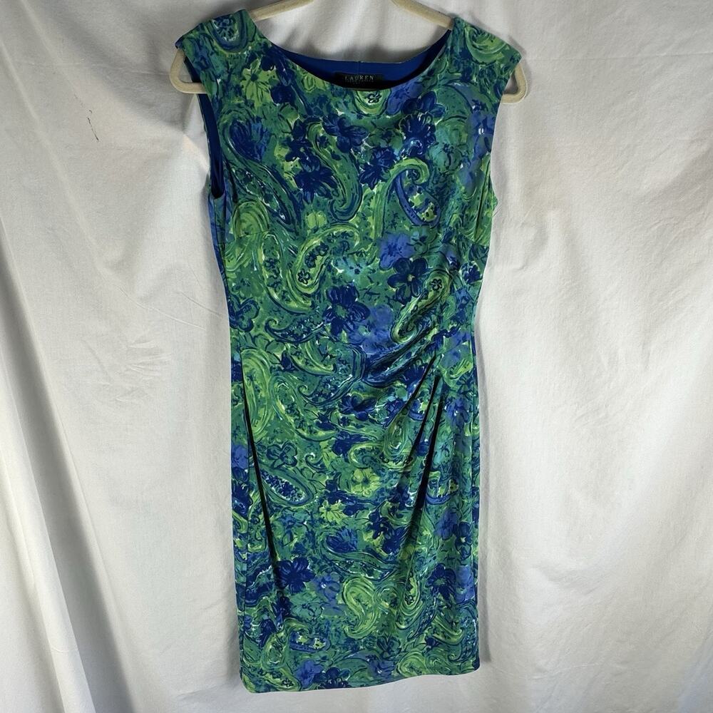 Lauren Ralph Lauren Blue Green Floral Jacquard Bodycon Tank Dress Women's Size 8